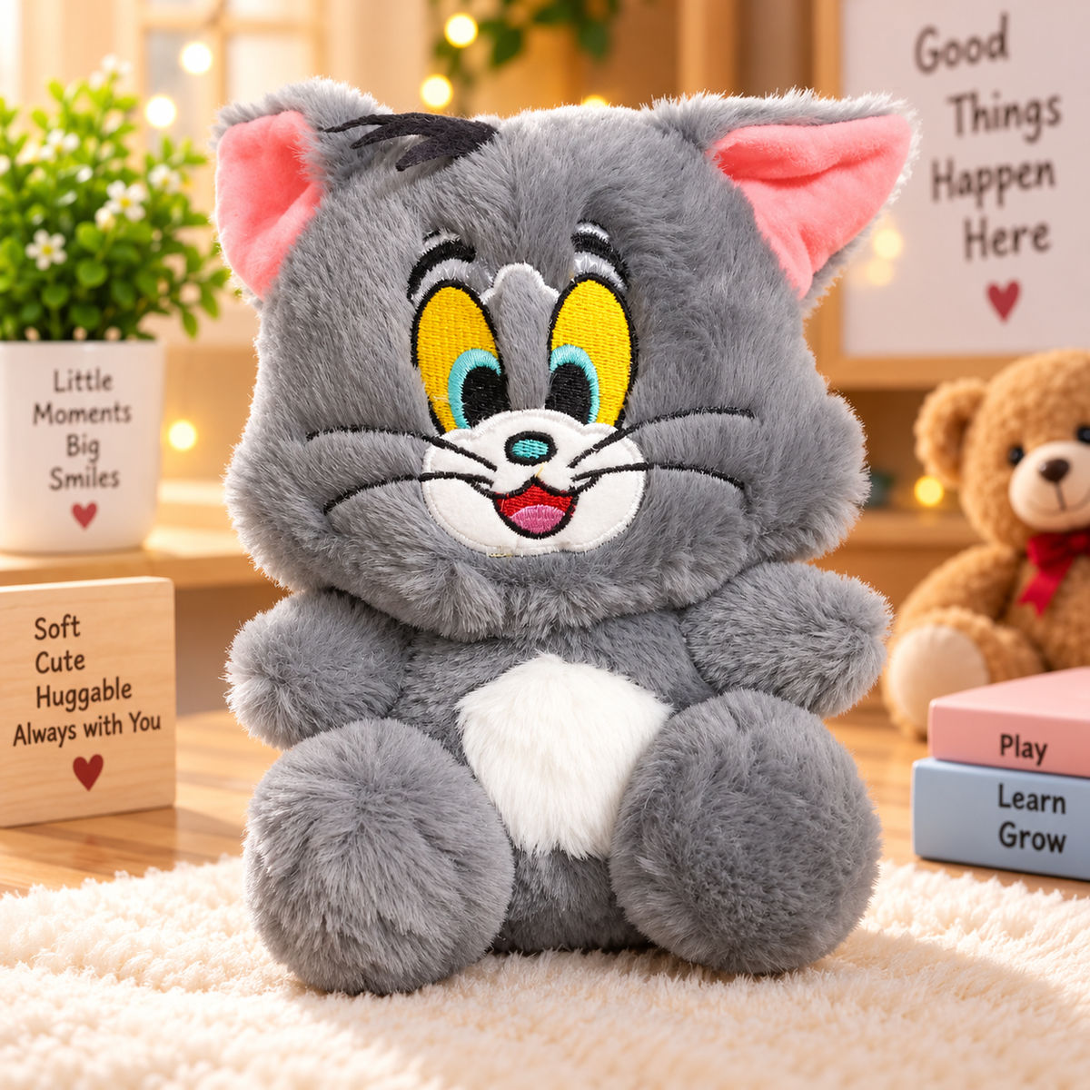 Cute Grey Cartoon Cat Soft Plush Toy – Super Soft Cuddly Stuffed Kitty for Kids