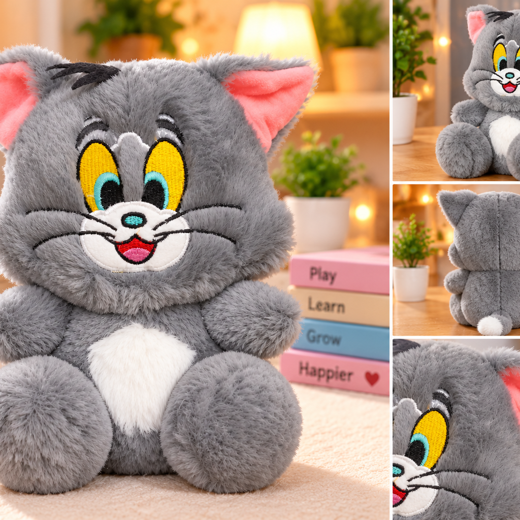 Cute Grey Cartoon Cat Soft Plush Toy – Super Soft Cuddly Stuffed Kitty for Kids
