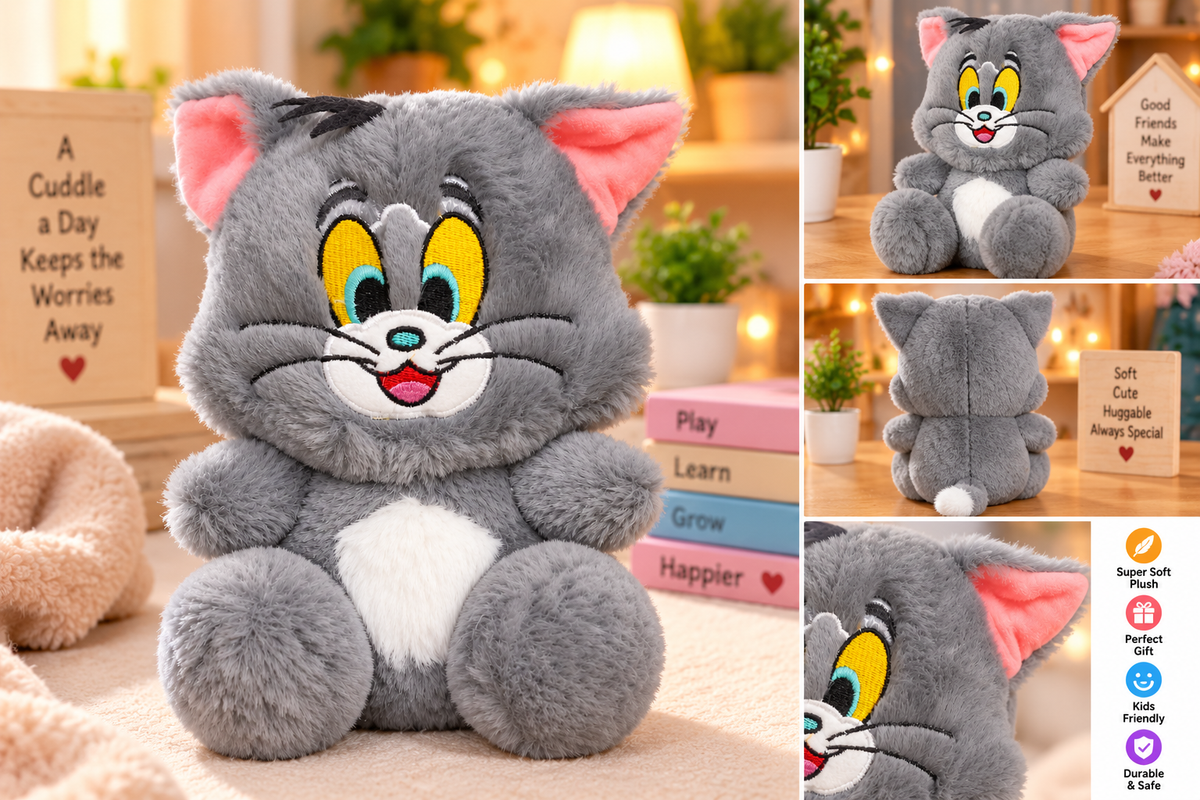 Cute Grey Cartoon Cat Soft Plush Toy – Super Soft Cuddly Stuffed Kitty for Kids