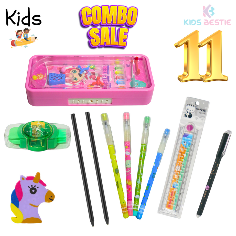 Combo of 8- Kids Pencil box, erasable pen, unicorn eraser, rainbow pencil etc.