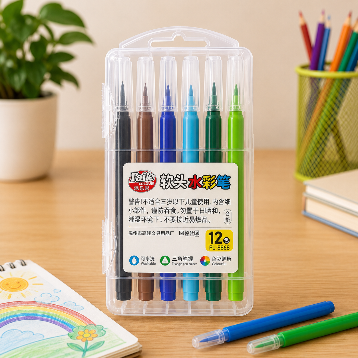 12-Color Washable Soft Tip Marker Pen Set
