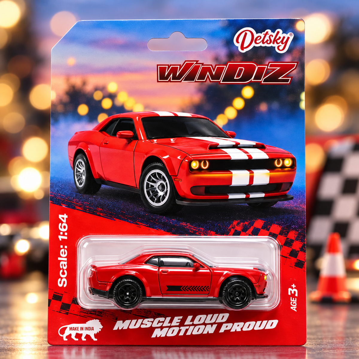 DetSky WinDiz 1:64 Red Muscle Car Die-Cast Toy – Premium Collectible Mini Car for Kids & Car Lovers | Age 3+