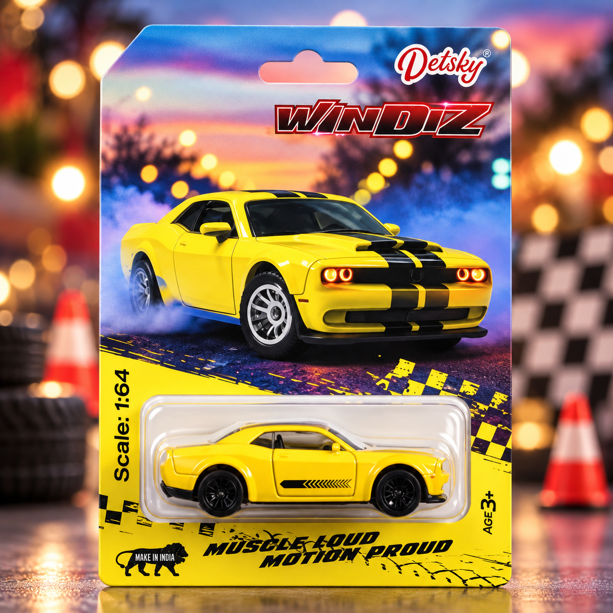 Detsky Win Diz Yellow 1:64 Die-Cast Muscle Car Toy – Metal Collectible Car for Kids 3+
