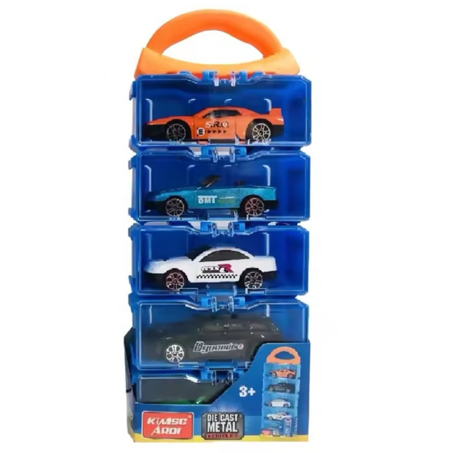 5 mini  die cast metal racing cars housed inside al translucent blue vertical display case