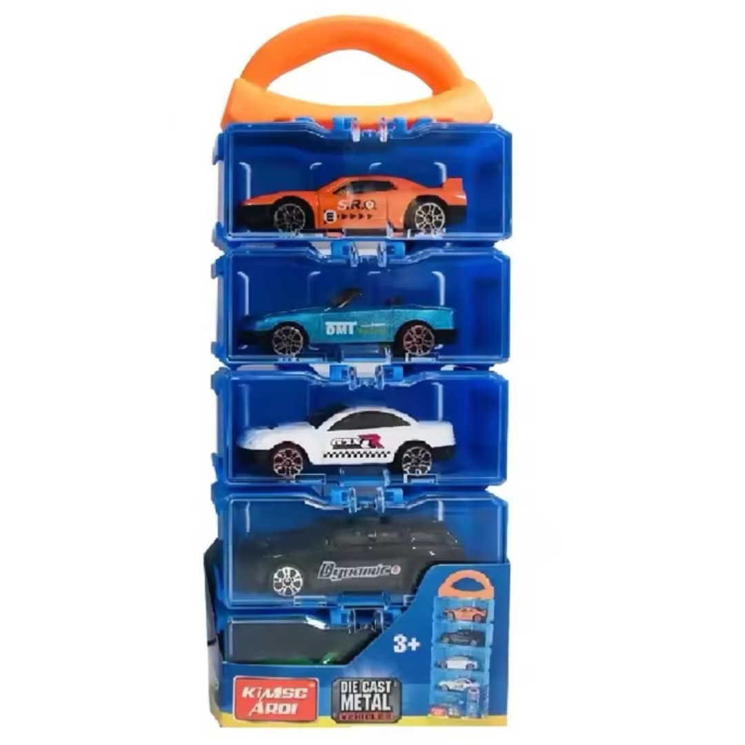 5 mini  die cast metal racing cars housed inside al translucent blue vertical display case