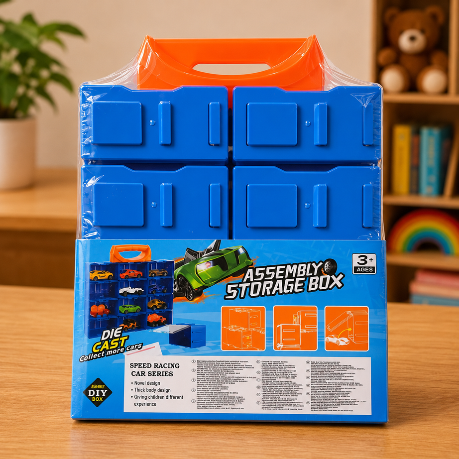 Die cast car assembly box designed specifically for storing organizing and displaying cars like hot wheels