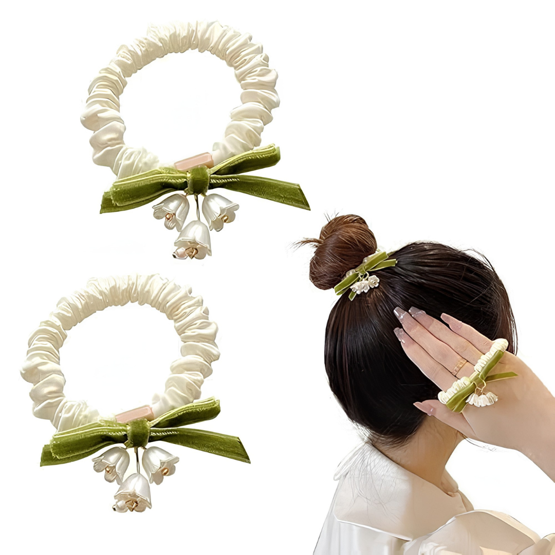 An elegant floral hair tie,with green velvet ribbon bows dangling floral bell 