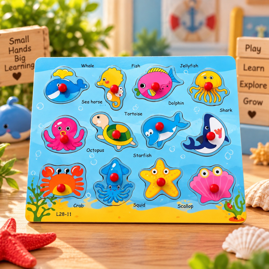 Wooden Sea Animals Peg Puzzle for Kids – 12-Piece Marine Life Learning & Matching Puzzle with Easy-Grip Knobs