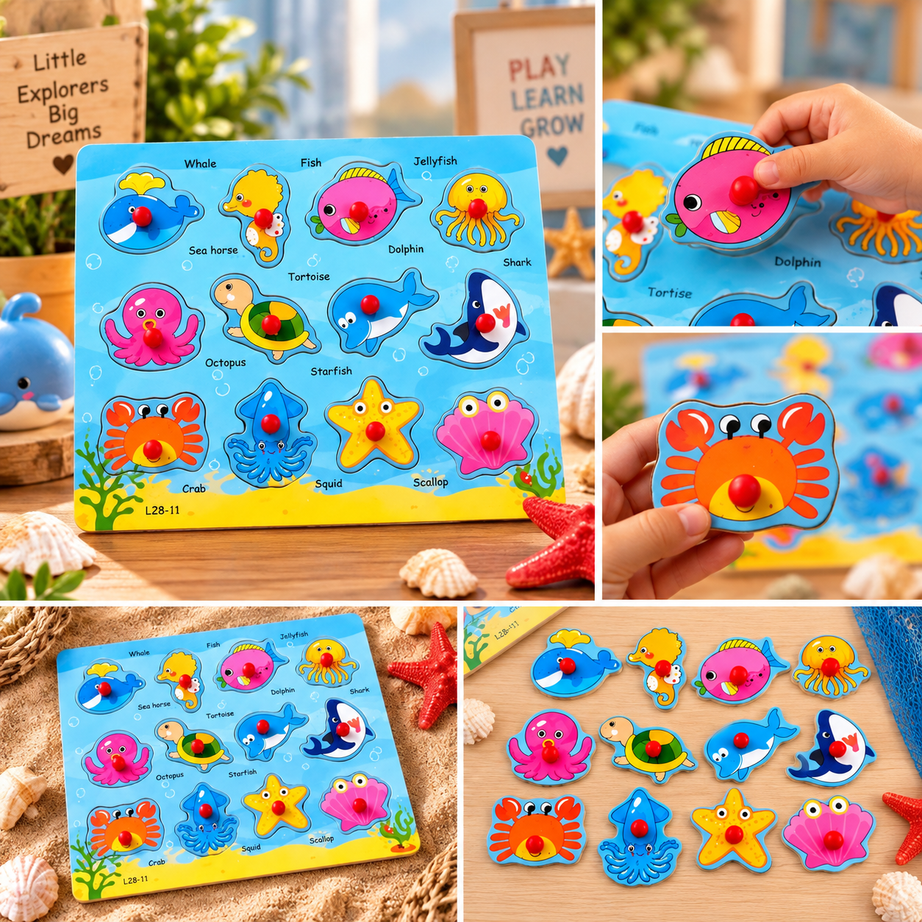 Wooden Sea Animals Peg Puzzle for Kids – 12-Piece Marine Life Learning & Matching Puzzle with Easy-Grip Knobs