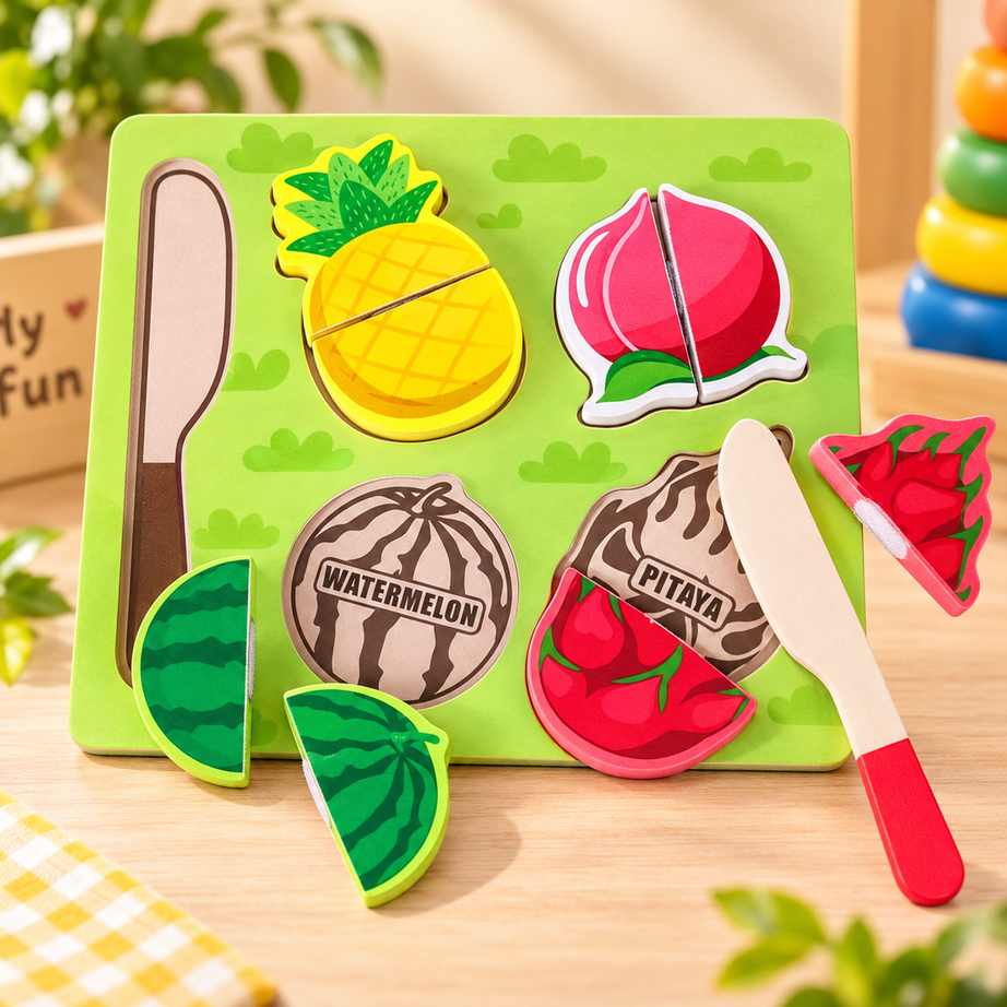 Wooden Fruit Cutting Puzzle Set with Toy Knife – Montessori Pretend Play, Matching & Fine Motor Learning Toy for Kids