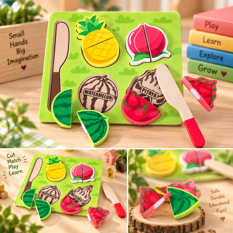 Wooden Fruit Cutting Puzzle Set with Toy Knife – Montessori Pretend Play, Matching & Fine Motor Learning Toy for Kids