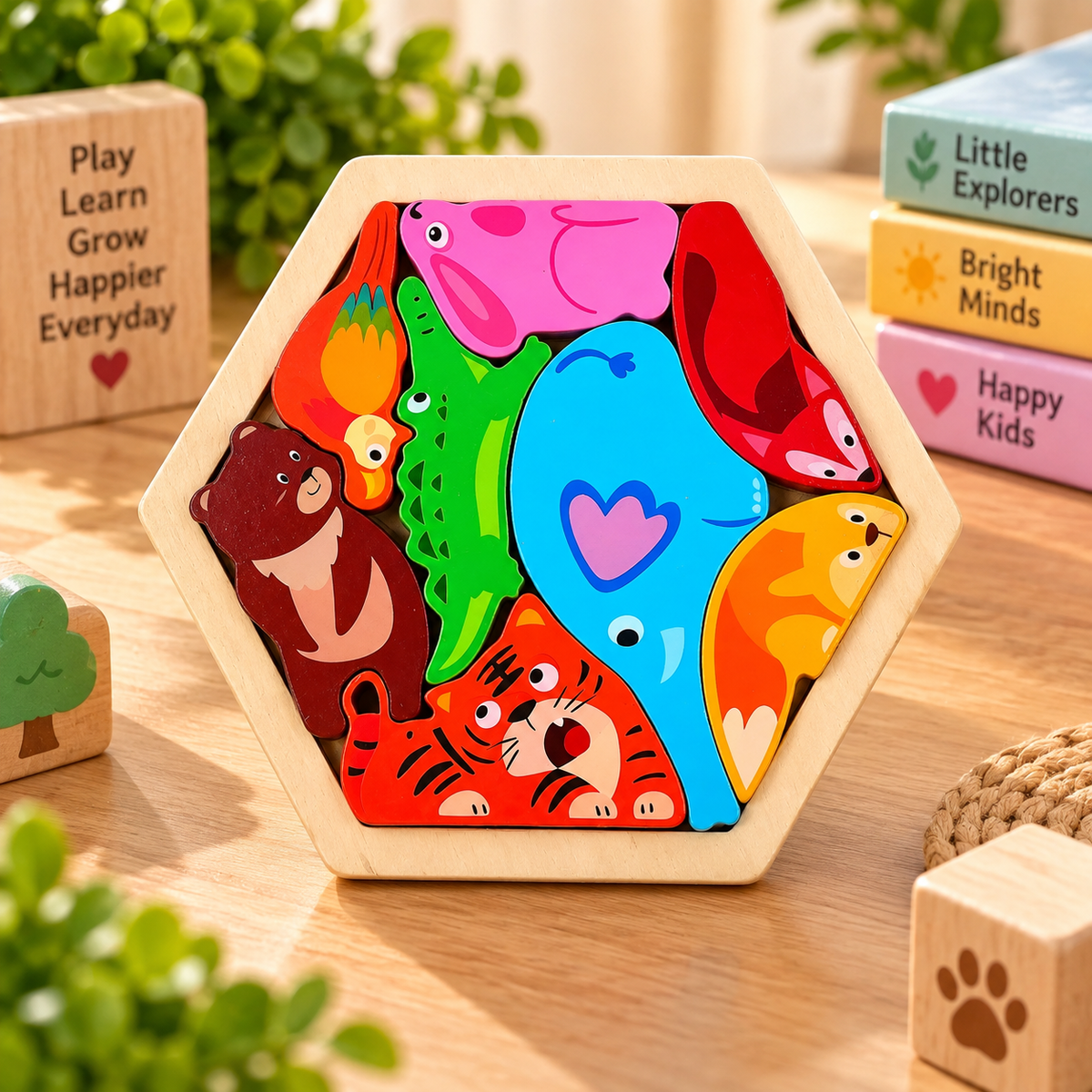 Colorful Wooden Animal Jigsaw Puzzle for Kids – Hexagon Shape Matching & Early Learning Educational Toy