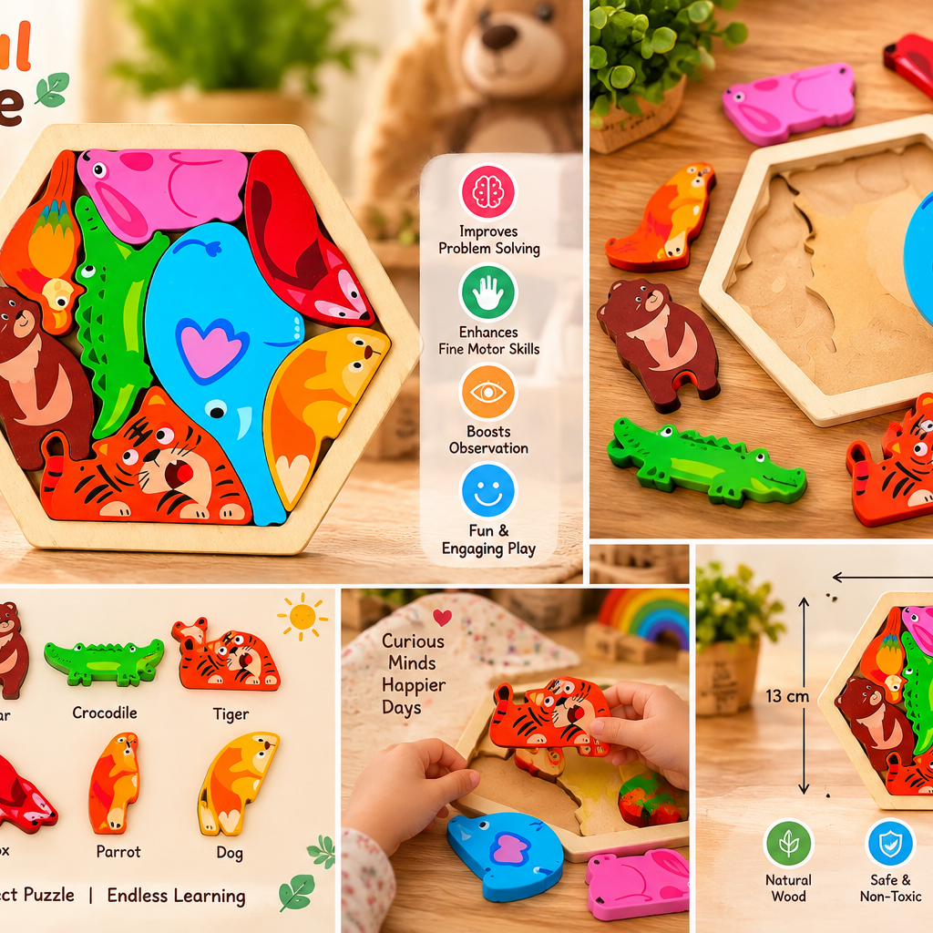 Colorful Wooden Animal Jigsaw Puzzle for Kids – Hexagon Shape Matching & Early Learning Educational Toy