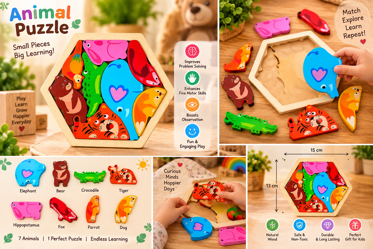 Colorful Wooden Animal Jigsaw Puzzle for Kids – Hexagon Shape Matching & Early Learning Educational Toy