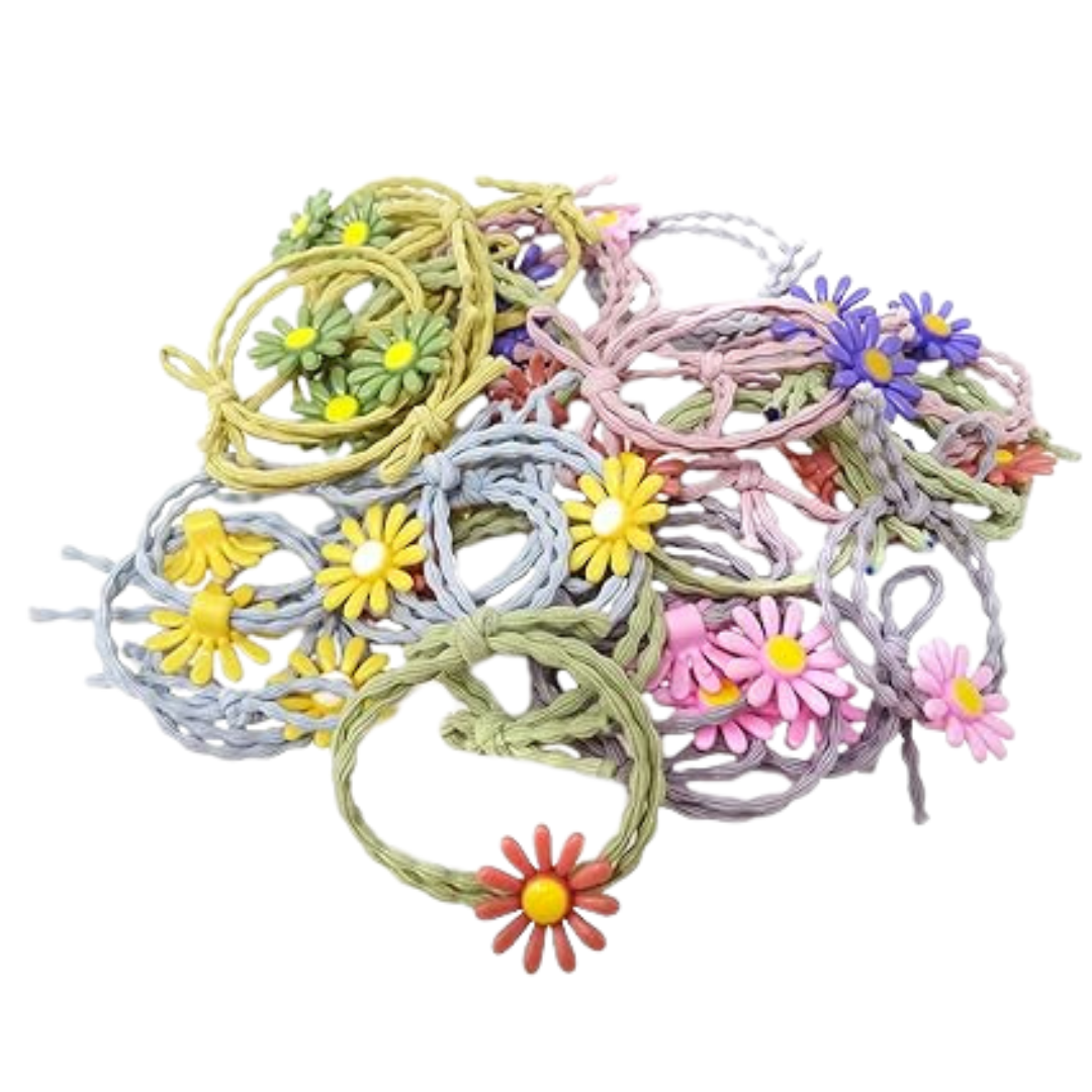 Vibrant variety of plastic daisy  hair ties with plastic sunflower