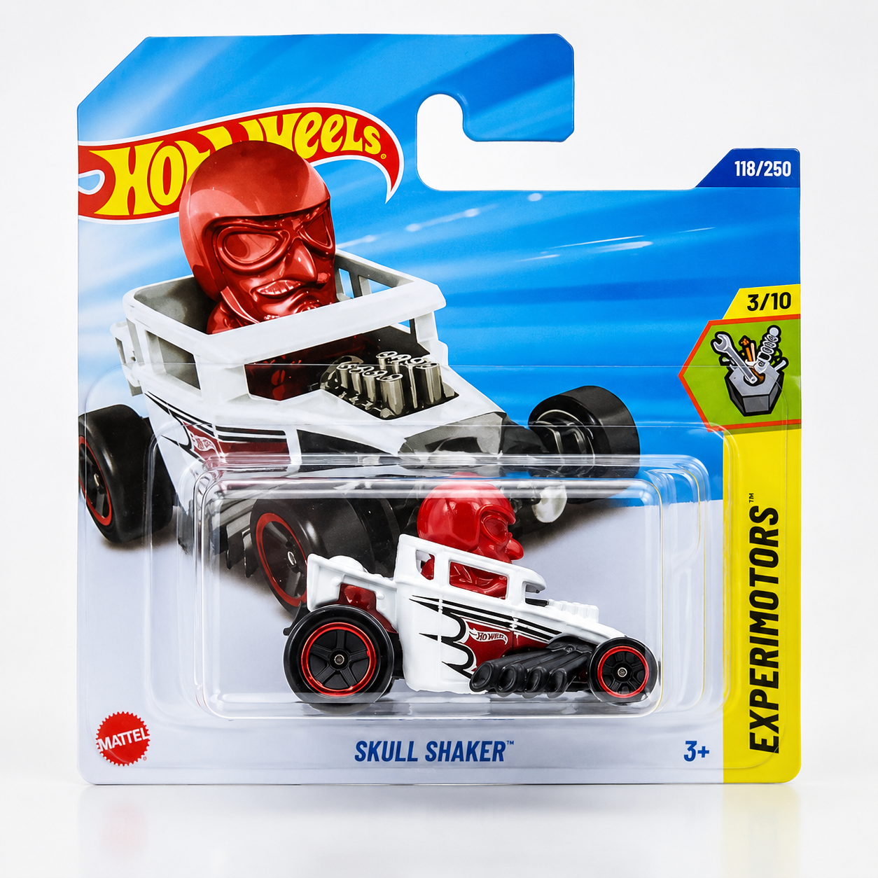 white  body paired red rims. red skull driver acts as a bobblehead