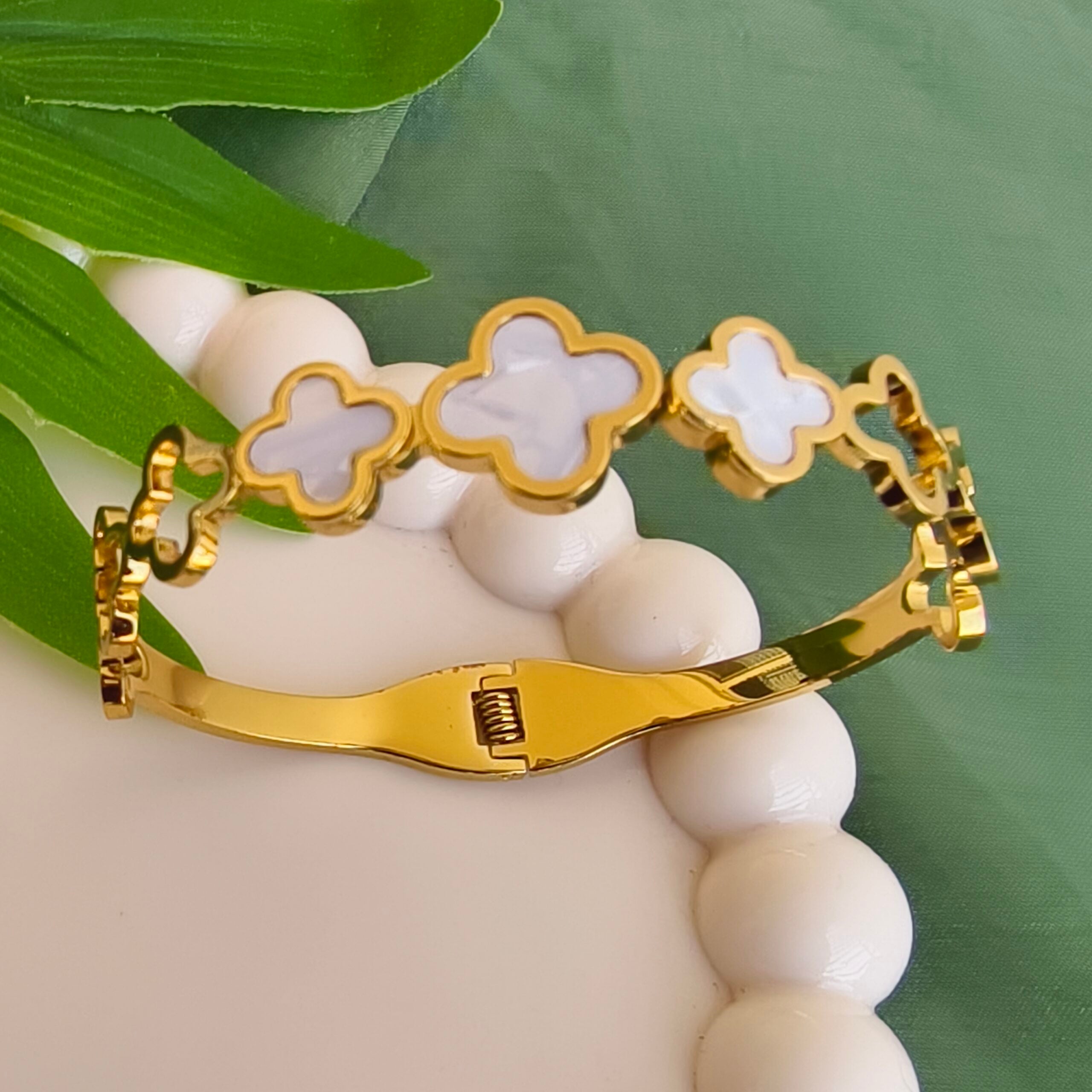 ✨ Gold Colour Clover Bracelet | Elegant Mother-of-Pearl Style Floral Kada ✨