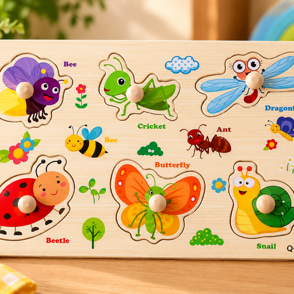 Wooden Insects & Bugs Peg Puzzle for Kids – Colourful Knob Matching Board Educational Learning Toy