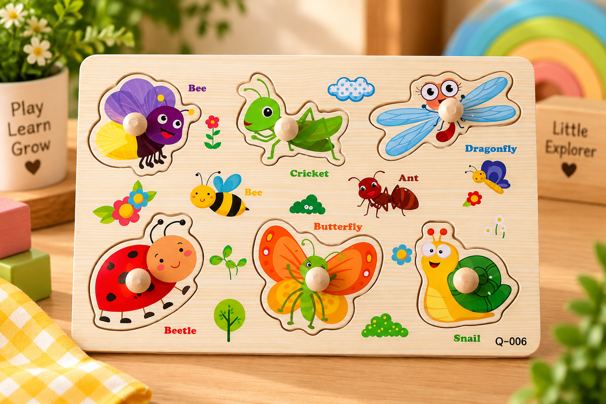 Wooden Insects & Bugs Peg Puzzle for Kids – Colourful Knob Matching Board Educational Learning Toy