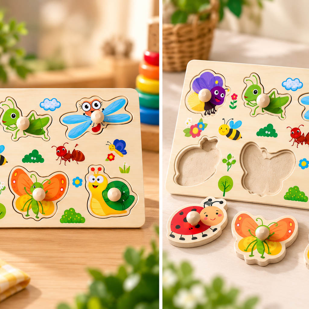 Wooden Insects & Bugs Peg Puzzle for Kids – Colourful Knob Matching Board Educational Learning Toy