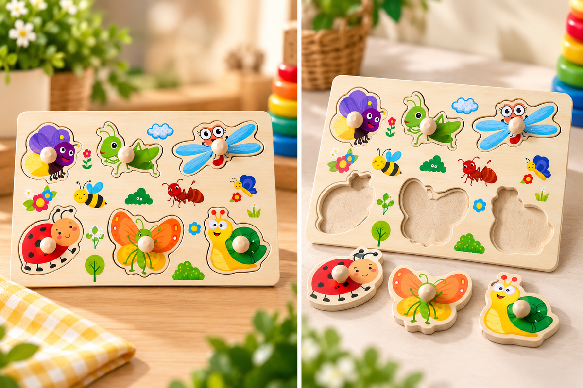 Wooden Insects & Bugs Peg Puzzle for Kids – Colourful Knob Matching Board Educational Learning Toy