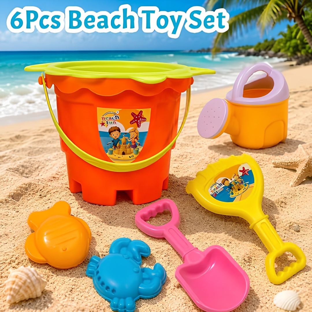 Beach Sand Toy Set for Kids – 6 Piece Colorful Beach Play Kit with Bucket, Shovel, Rake & Sea Animal Molds