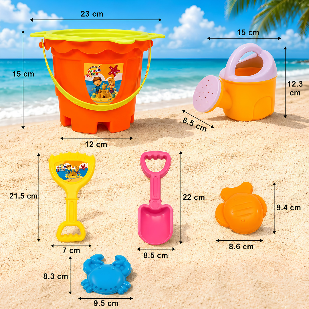 Beach Sand Toy Set for Kids – 6 Piece Colorful Beach Play Kit with Bucket, Shovel, Rake & Sea Animal Molds
