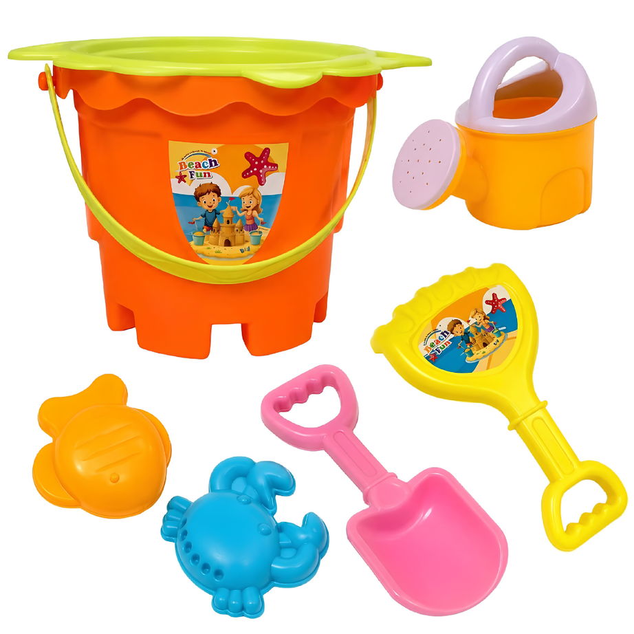 Beach Sand Toy Set for Kids – 6 Piece Colorful Beach Play Kit with Bucket, Shovel, Rake & Sea Animal Molds