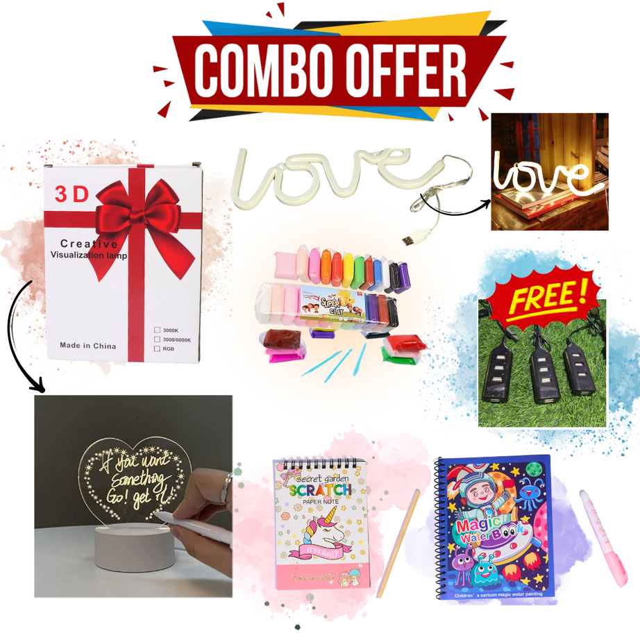 Kidsbestie-Love 5 in 1 Combo - 32cm Love Neon Light, 3D LED Message Board with Pen, 12 Air Dry Clay, Mini Scratch Book, Water Magic Book, Free 4 in 1 USB Hub