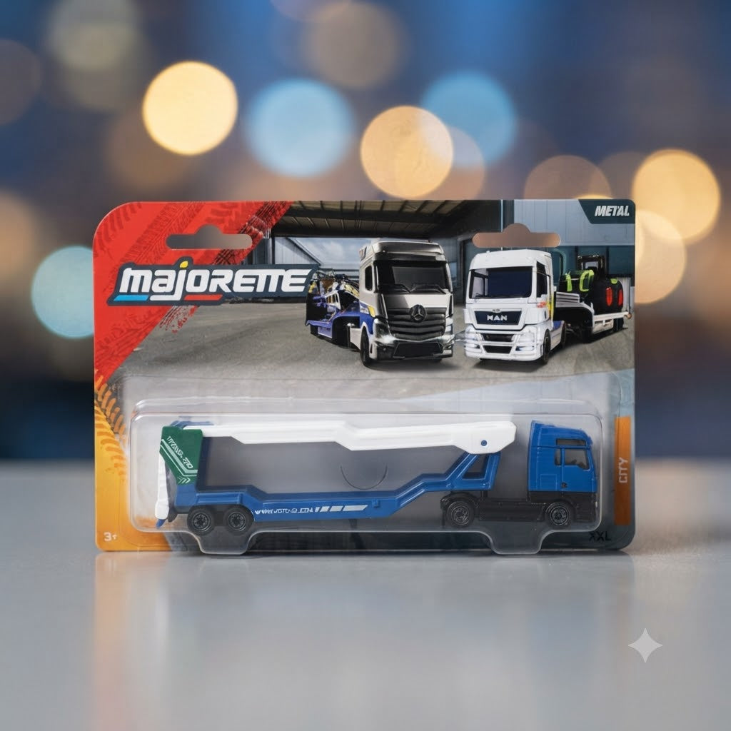 Majorette City XXL Transporter Die-Cast Toy Truck – Blue & White Car Carrier with Blister Packaging