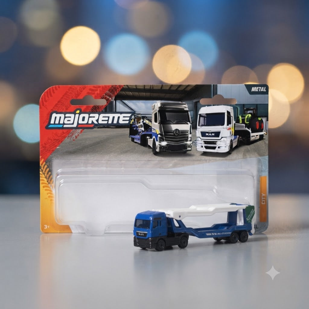 Majorette City XXL Transporter Die-Cast Toy Truck – Blue & White Car Carrier with Blister Packaging