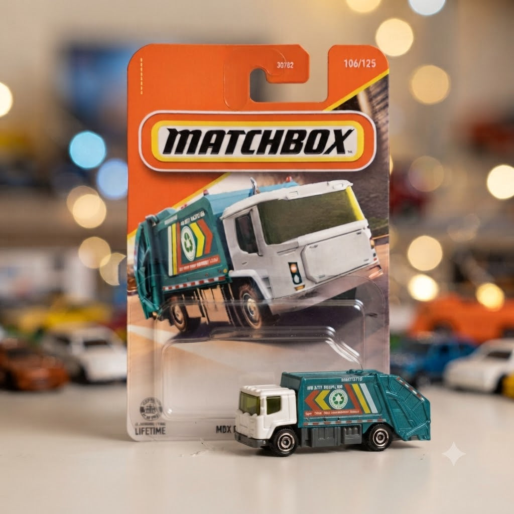 Matchbox MBX EV Trash Truck (106/125) Die-Cast Collectible with Miniature Race Track Diorama Display