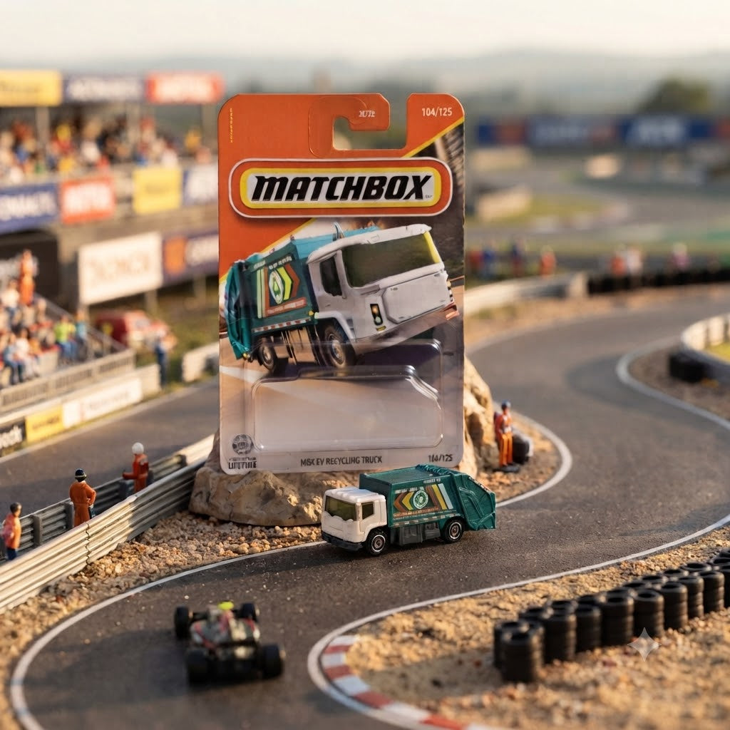 Matchbox MBX EV Trash Truck (106/125) Die-Cast Collectible with Miniature Race Track Diorama Display