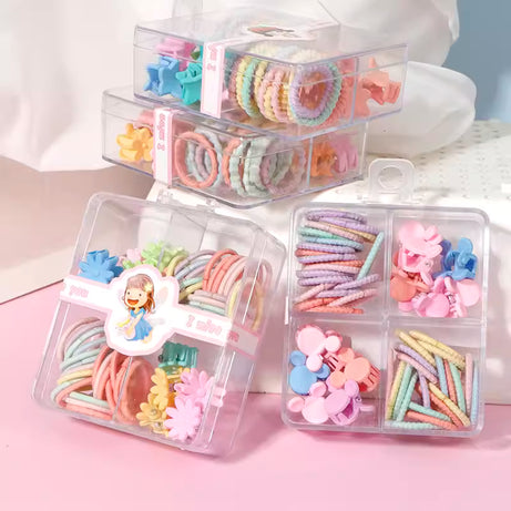 🎀🌸 Cute Pastel Hair Accessory Gift Box for Girls | Mini Clips & Rubber Bands Set (Random design)