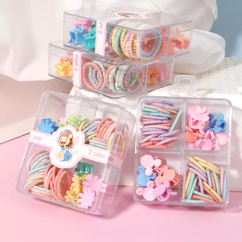 🎀🌸 Cute Pastel Hair Accessory Gift Box for Girls | Mini Clips & Rubber Bands Set (Random design)