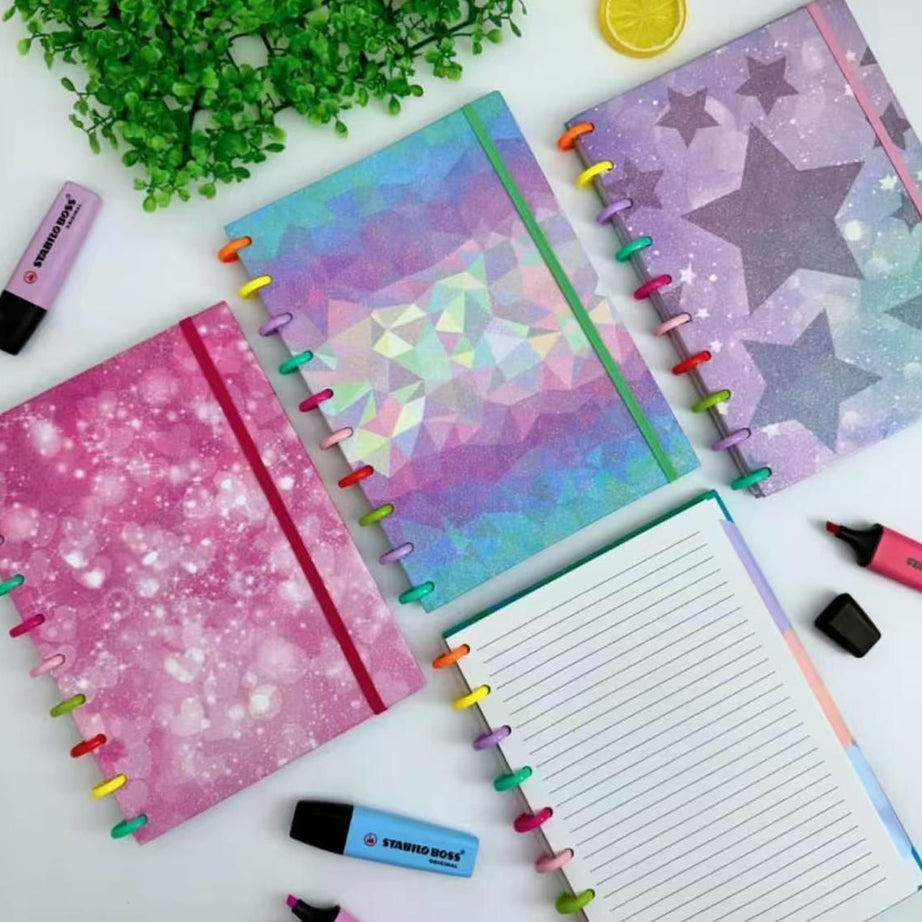 🌈✨ Cute Glitter Galaxy Theme Notebook | Disc-Bound Aesthetic Journal – Random Colour (1 Pc) ✨