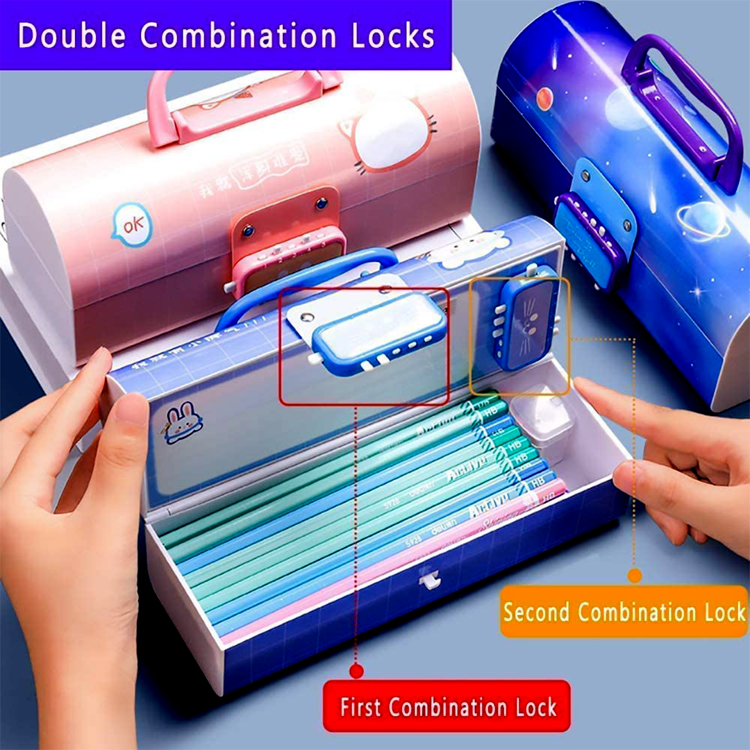Pencil box featuring  a double combination lock meachanism