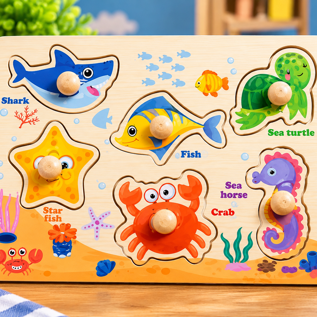 Wooden Sea Animals Knob Puzzle for Kids – 6-Piece Ocean Animals Early Learning & Fine Motor Skill Puzzle