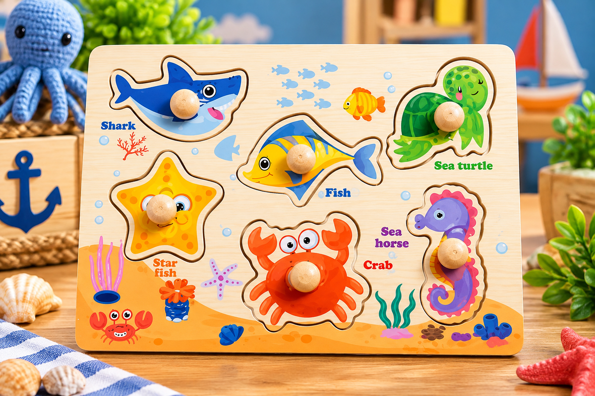 Wooden Sea Animals Knob Puzzle for Kids – 6-Piece Ocean Animals Early Learning & Fine Motor Skill Puzzle