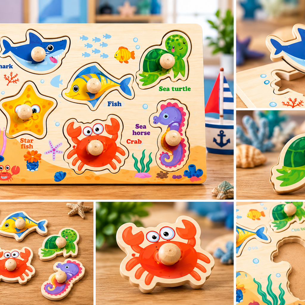 Wooden Sea Animals Knob Puzzle for Kids – 6-Piece Ocean Animals Early Learning & Fine Motor Skill Puzzle