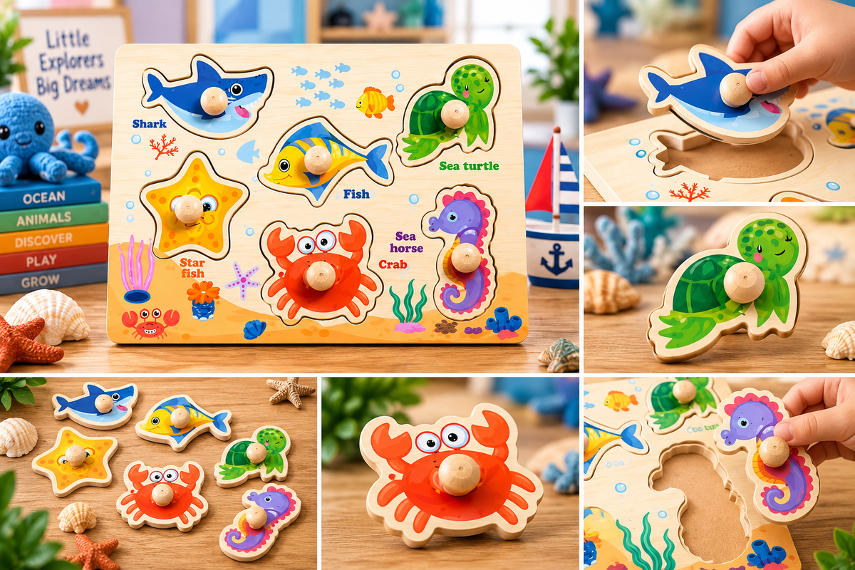 Wooden Sea Animals Knob Puzzle for Kids – 6-Piece Ocean Animals Early Learning & Fine Motor Skill Puzzle