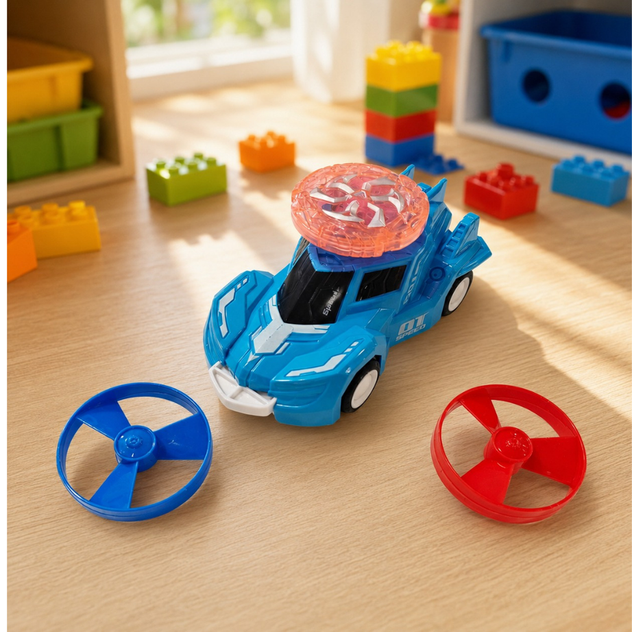 Operates both as a push and go race car and disc launcher