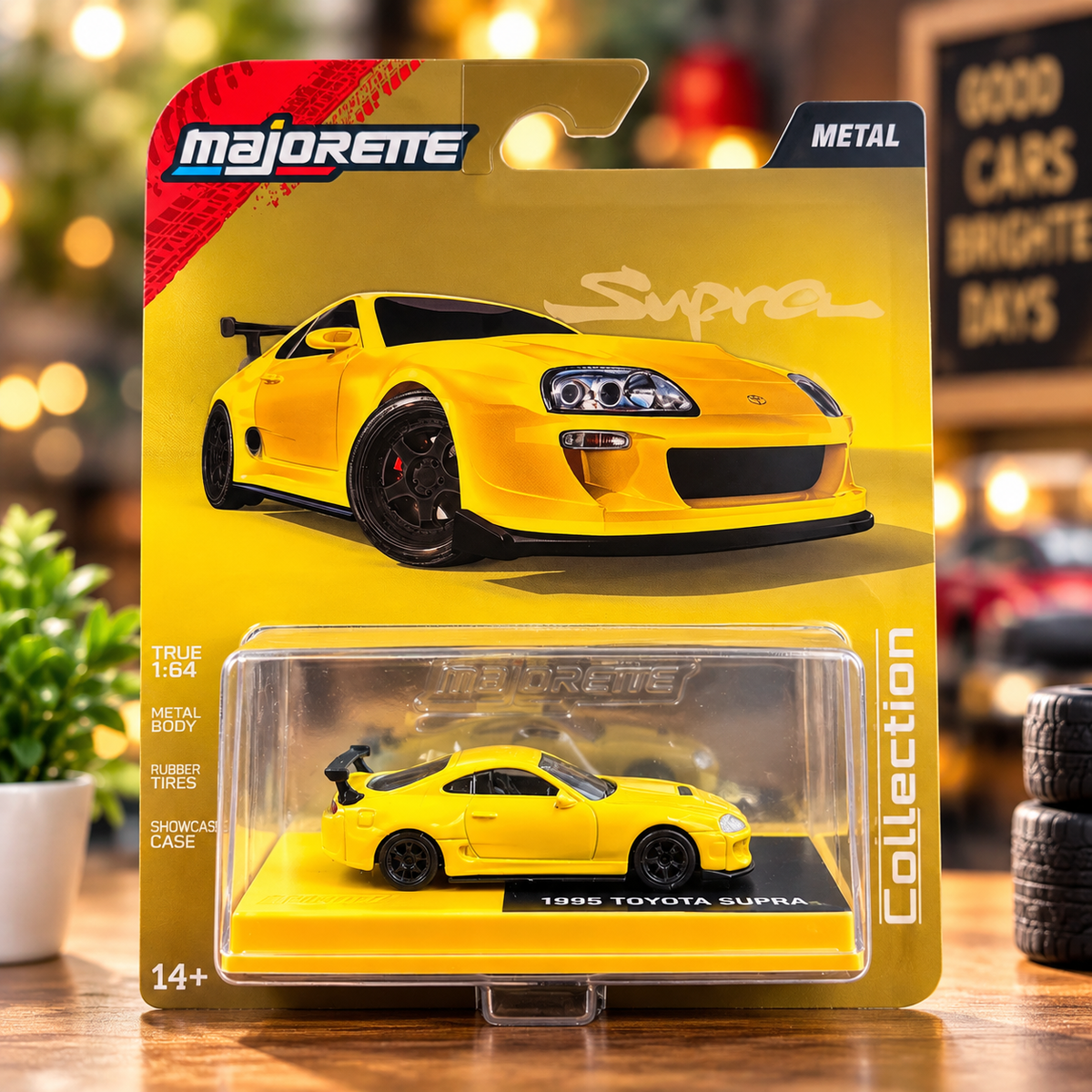 Majorette 1995 Toyota Supra MK4 Yellow 1:64 Die-Cast Model Car – Metal Body with Rubber Tyres & Showcase Case