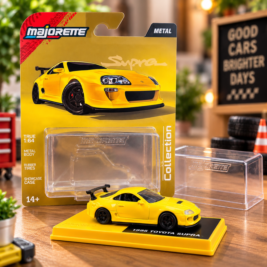 Majorette 1995 Toyota Supra MK4 Yellow 1:64 Die-Cast Model Car – Metal Body with Rubber Tyres & Showcase Case