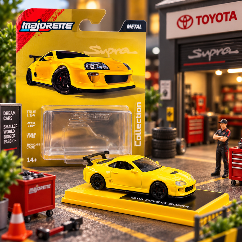 Majorette 1995 Toyota Supra MK4 Yellow 1:64 Die-Cast Model Car – Metal Body with Rubber Tyres & Showcase Case