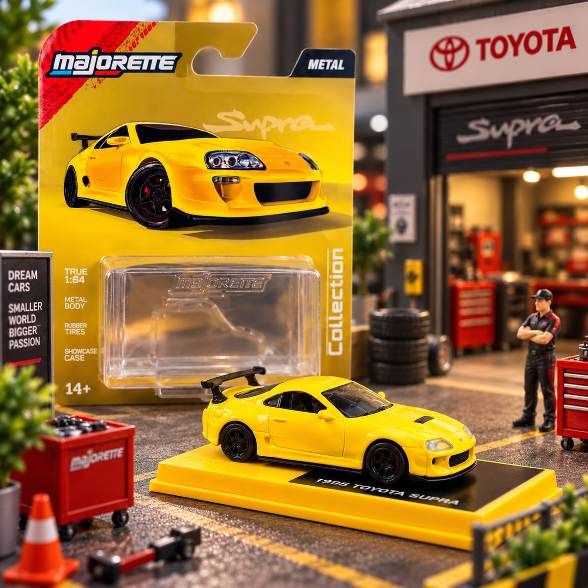 Majorette 1995 Toyota Supra MK4 Yellow 1:64 Die-Cast Model Car – Metal Body with Rubber Tyres & Showcase Case