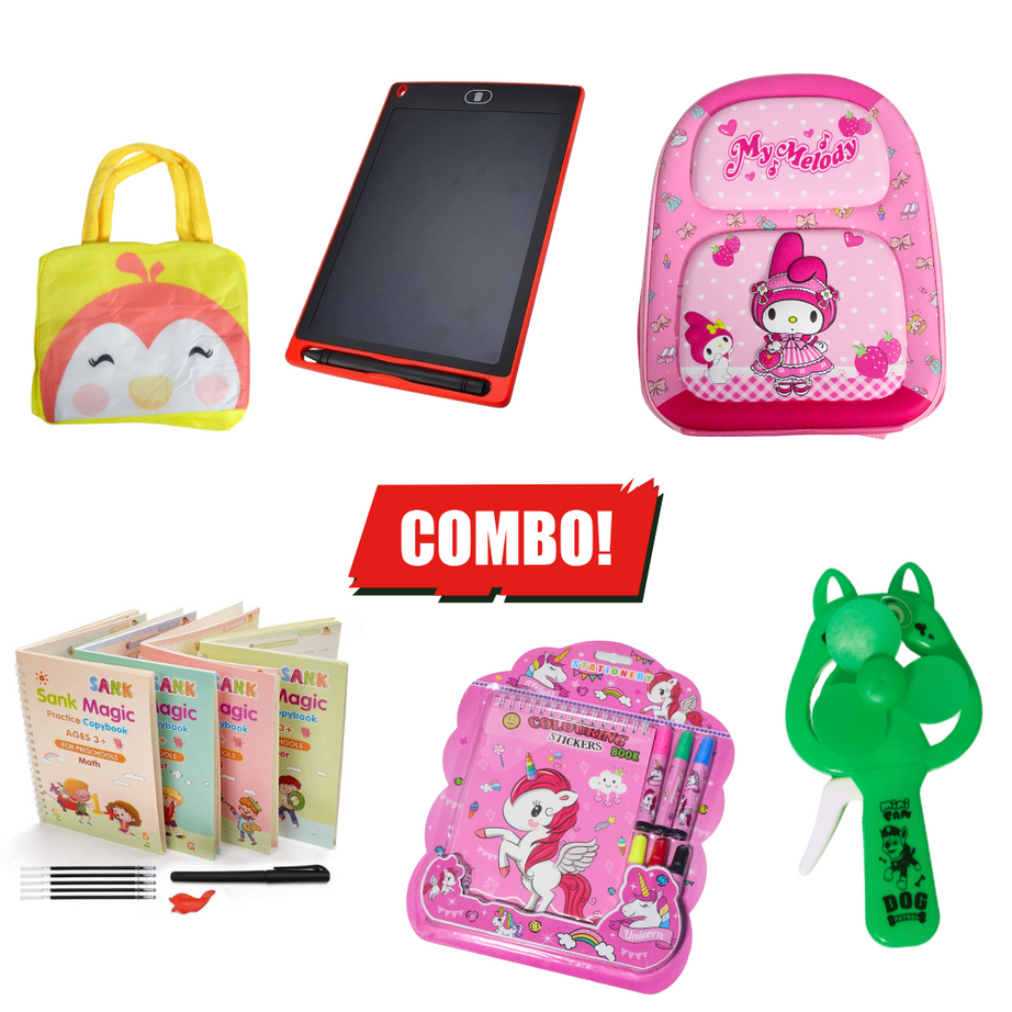 Girls - Kids Bag Combo 9 in 1 - Age 2 to 6 | Without Bottle | KidsBestie