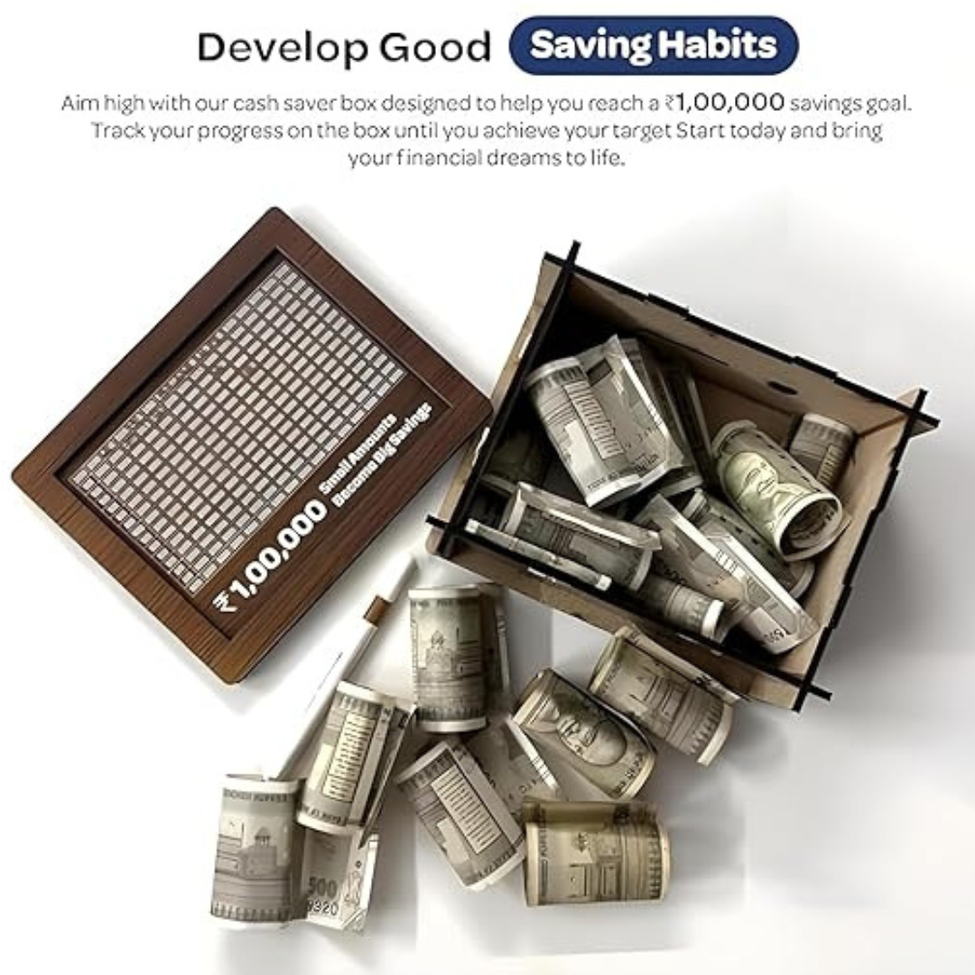 Wooden Piggy Bank with ₹1,00,000 Savings Chart – Goal Tracker Box