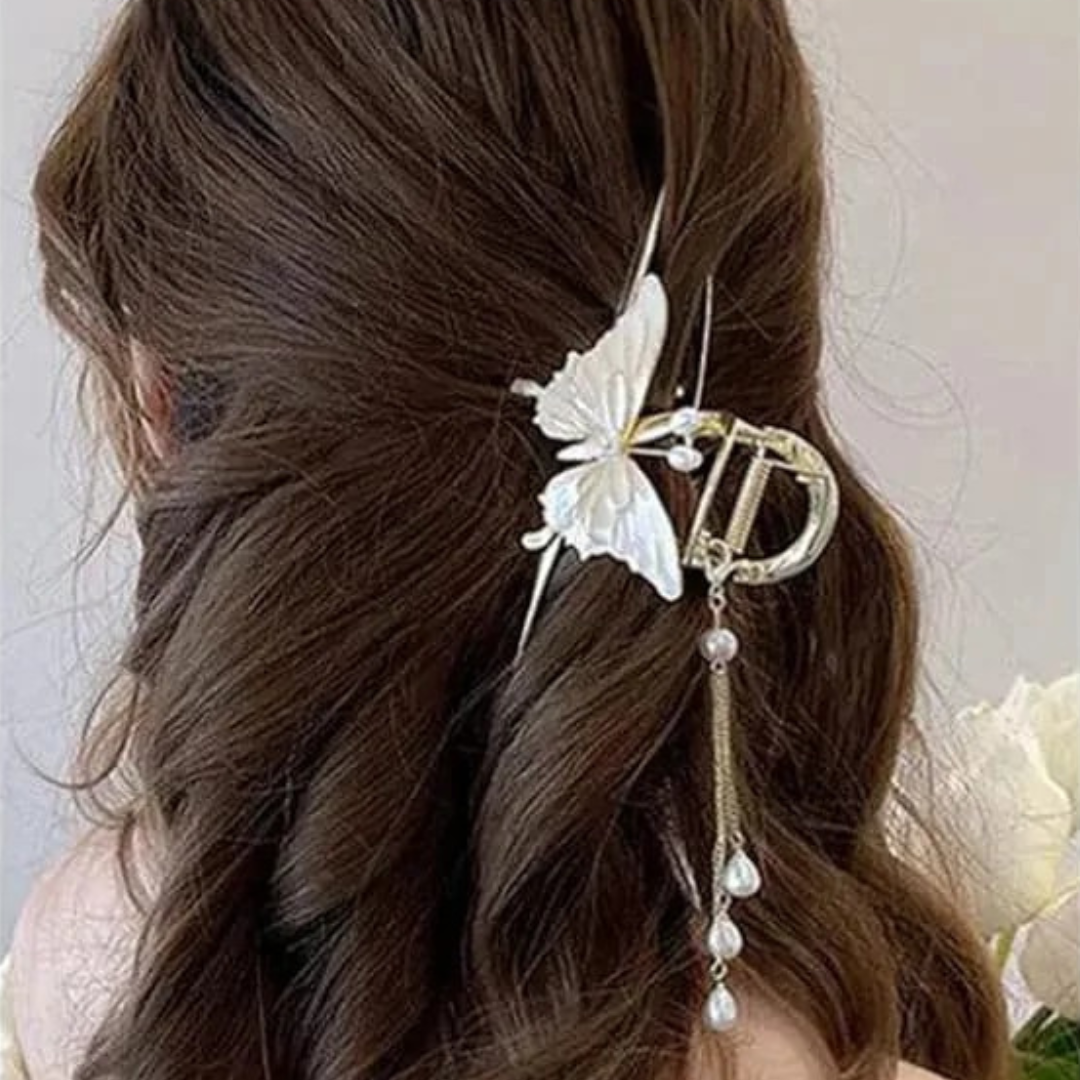 Elegant Pearl Butterfly Gold Hair Claw Clip | Premium Bridal & Party Hair Accessory