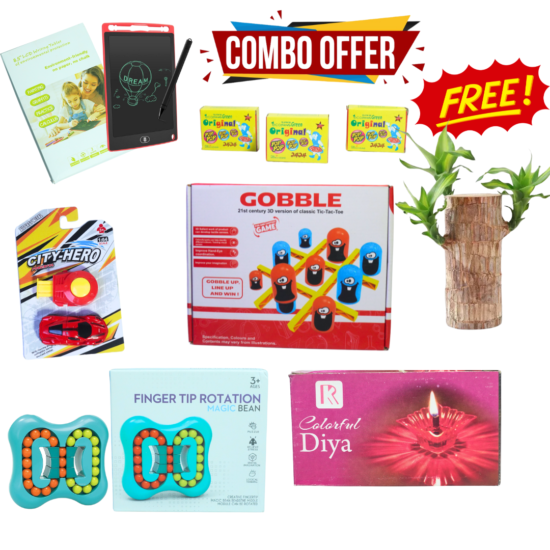 Diwali Special 6 in 1 Combo - 12 Pc 3D Diya, Gobble Tic Tac Toe, FingerTip Rotation Magic Bean, 8.5 inch LCD Tablet